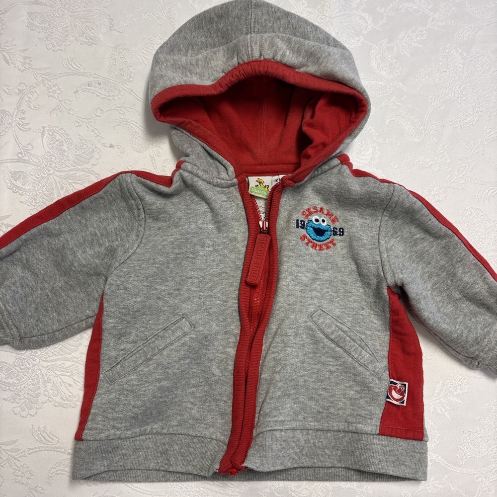 Sesame Street Cookie Monster Gray Red Zip Up Hoodie Kids 12 Months Soccer‎ 1969